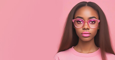retrato de mujer joven negra con accesorios, maquillaje y lentes de color rosa . - obrazy, fototapety, plakaty