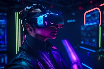 A high-tech virtual reality gaming room, with a player immersed in a futuristic digital world using...