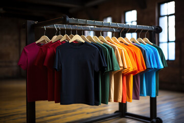 Assorted Bright T-Shirts Hanging on Rack - Fashion Store or Wardrobe Organization