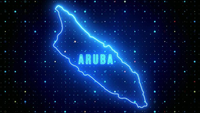 Futuristic Blue Shine Aruba Outline Map And Label Text Glowing Neon Light Flare Motion Reveal With Stars Sparkle Grid Background, 5-10 Seconds Seamless Loop