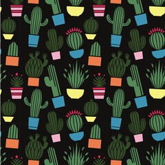 Vector illustration. Seamless pattern. Cacti in pots. Template for printing at a fabric factory.