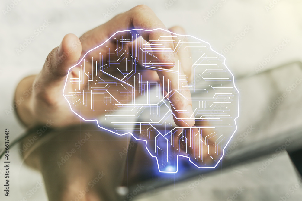 Aufkleber creative artificial intelligence concept with human brain sketch and finger presses on a digital tab