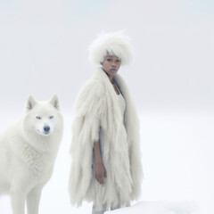 Beautiful young woman with white hair wearing fur coat walking in snow field with wolf. Dreamlike style