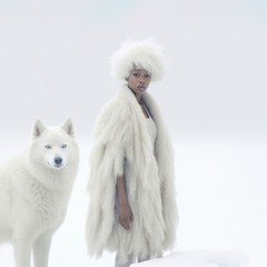 Obraz premium Beautiful young woman with white hair wearing fur coat walking in snow field with wolf. Dreamlike style
