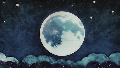 illustrazione con grande luna piena dai riflessi azzurri in un cielo notturno stellato con nuvole