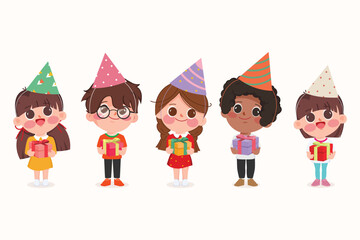 Cute cartoon student kid celebrating gifts in Merry Christmas and happy new year.