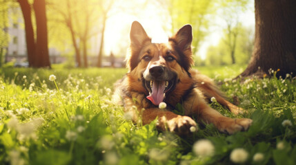 Happy german shepherd dog on green grass with fish eye lens - obrazy, fototapety, plakaty