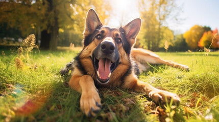Happy german shepherd dog on green grass with fish eye lens