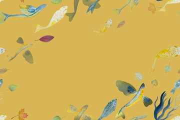 Fototapeta na wymiar Watercolor hand-drawn fishes seamless banner