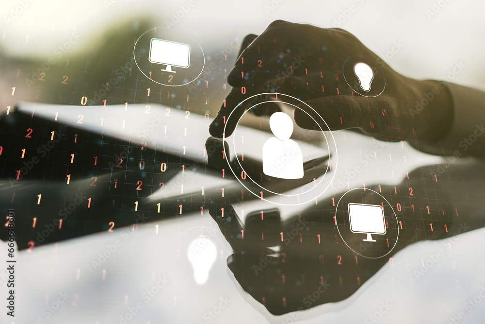 Poster double exposure of social network icons concept and hand working with a digital tablet on background