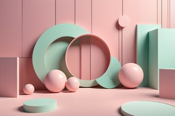 13. Illustrated 3D design with the theme of round ball, cylindrical shape, and square shape. the art of mint and pink. Generative AI