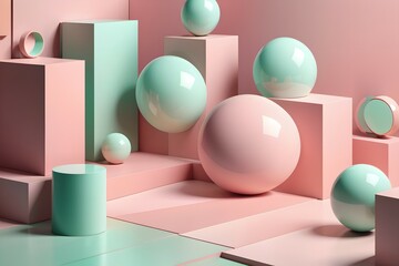11. Illustrated 3D design with the theme of round ball, cylindrical shape, and square shape. the art of mint and pink. Generative AI