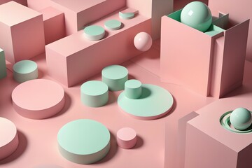 5. Illustrated 3D design with the theme of round ball, cylindrical shape, and square shape. the art of mint and pink. Generative AI