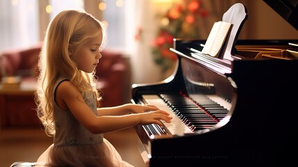 Girl playing piano made with Ai generative technology, Person is fictional - obrazy, fototapety, plakaty