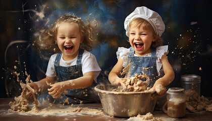 kids chef in kitchen splashing flour, happy cooking learning time - obrazy, fototapety, plakaty