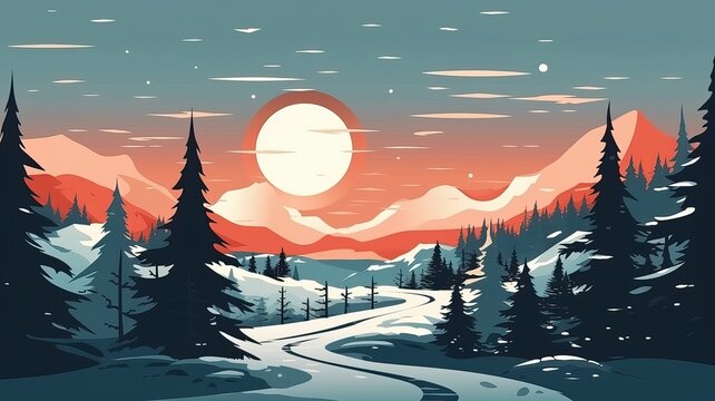 Winter landscape with sunset vector image