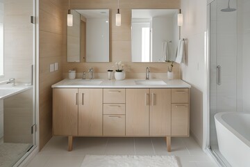 Fototapeta na wymiar 15. Modern bathroom and luxurious house design. Sink, bathtub, mirror and wooden furniture. Generative AI