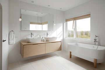 Fototapeta na wymiar 13. Modern bathroom and luxurious house design. Sink, bathtub, mirror and wooden furniture. Generative AI