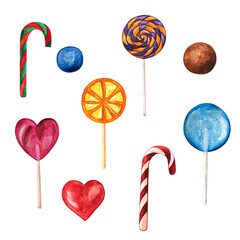 Lollipops. Color sweets different types, sugar food, bright candies, traditional christmas cane, round spiral on stick, red heart. Colorful confectionery for kids.