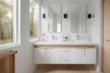 Fototapeta na wymiar 10. Modern bathroom and luxurious house design. Sink, bathtub, mirror and wooden furniture. Generative AI