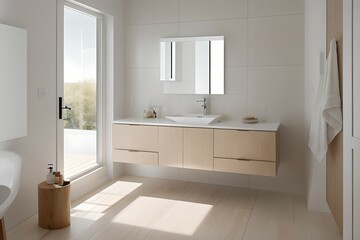 Fototapeta na wymiar 6. Modern bathroom and luxurious house design. Sink, bathtub, mirror and wooden furniture. Generative AI