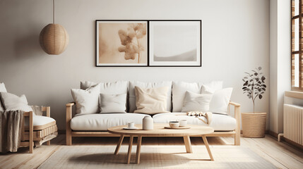 Fototapeta na wymiar Step into a Scandinavian-style living room, where clean lines, minimalist decor, and a calming color palette create a serene and inviting space, embodying the essence of Scandinavian design.
