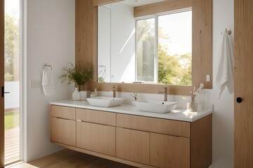 Fototapeta na wymiar 9. Photos of bathroom design interiors consisting of Scandinavian-style faucets, windows, tubs and sinks. Generative AI