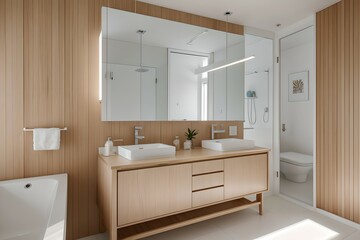 Fototapeta na wymiar 7. Bathroom design consisting of modern white and brown wood, neat faucet and bright light. 