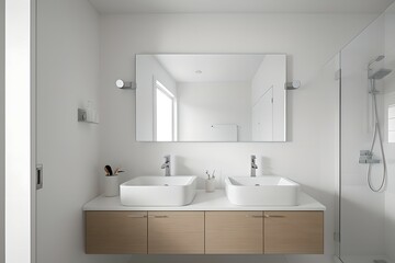 Fototapeta na wymiar Bathroom design consisting of modern white, neat faucet and bright light. 