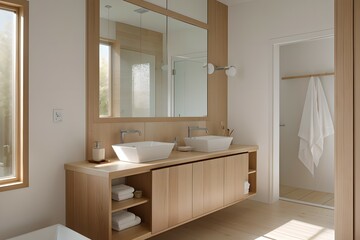 Fototapeta na wymiar 6. Bathroom design consisting of modern white and brown wood, neat faucet and bright light. 