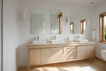 4. Bathroom design consisting of modern white and brown wood, neat faucet and bright light. 