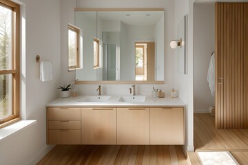 2. Bathroom design consisting of modern white and brown wood, neat faucet and bright light. 
