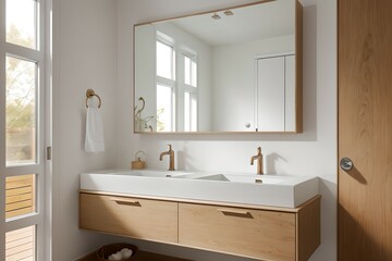 1. Bathroom design consisting of modern white and brown wood, neat faucet and bright light. 