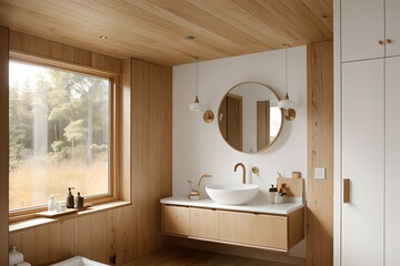 8. Simple washbasin and bathroom interior with beige color concept.