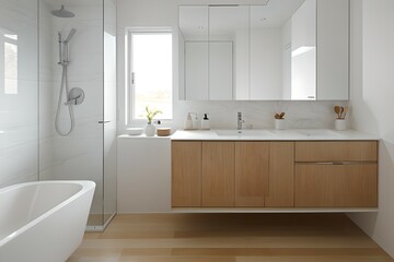 Fototapeta na wymiar 5. Simple washbasin and bathroom interior with beige color concept.