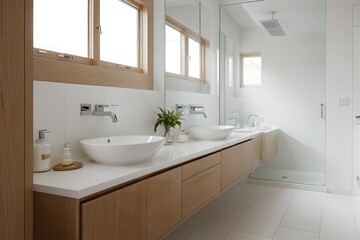Fototapeta na wymiar 4. Simple washbasin and bathroom interior with beige color concept.