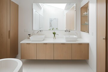 3. Simple washbasin and bathroom interior with beige color concept.