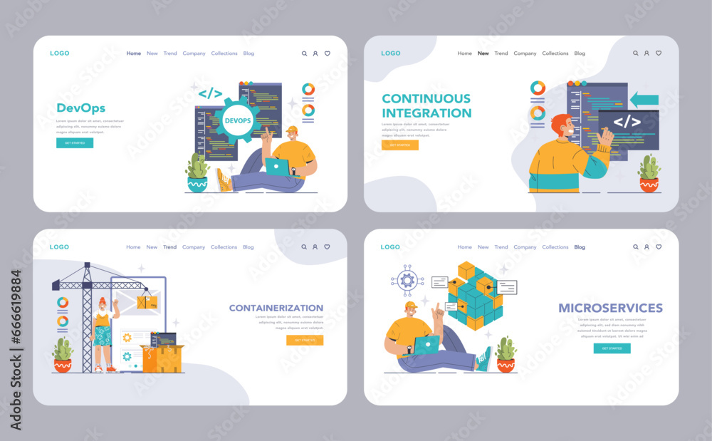 Poster devops web banner or landing page set. software development methodology