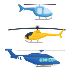 illustration of  helicopter. Helicopter set isolated on white background vector illustration. Air transport, propeller aerial vehicle, flying modern aviation. 