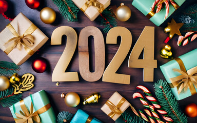 christmas tree decorations,christmas tree and gifts,2024 ,new year ,,2023,happy new year  - obrazy, fototapety, plakaty