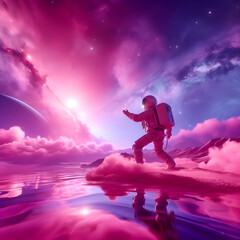 Astronaut discovering pink planet