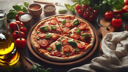 Fresh Pizza on Wooden Board with Tomatoes and Basil - AI Generated Illustration, realistic