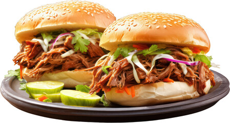 Delicious Tasty Pulled Pork sandwiches, barbecue, burger, BBQ Sauce, PNG, Transparent, isolate.