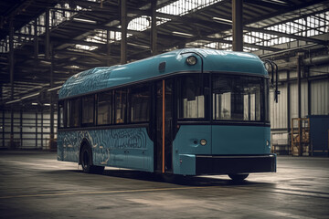 Naklejka premium Bus Manufacturing Workshop of EV automobile factory plant. Production of electric passenger buses. Self-driving passenger electric bus. E-bus. Public electric bus assembly line. eBus, Ai Generative