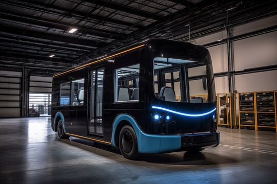 Bus Manufacturing Workshop of EV automobile factory plant. Production of electric passenger buses. Self-driving passenger electric bus. E-bus. Public electric bus assembly line. eBus, Ai Generative