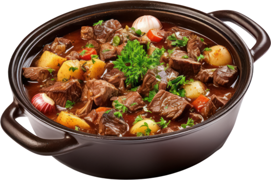 Delicious Tasty Beef meat and vegetables stew in pot, potatoes, carrots, PNG, Transparent, isolate.