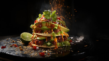 Taco liebevoll angerichtet mit fließenden Käse lecker als Produktfotografie im Querformat für Banner, ai generativ
