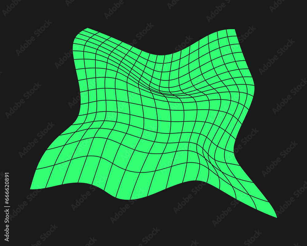 Aufkleber distorted cyber grid. cyberpunk geometry element y2k style. isolated green mesh on black background.