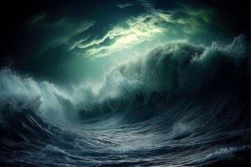 The cloud storm over the sea, ocean stormy fantasy night landscape - obrazy, fototapety, plakaty