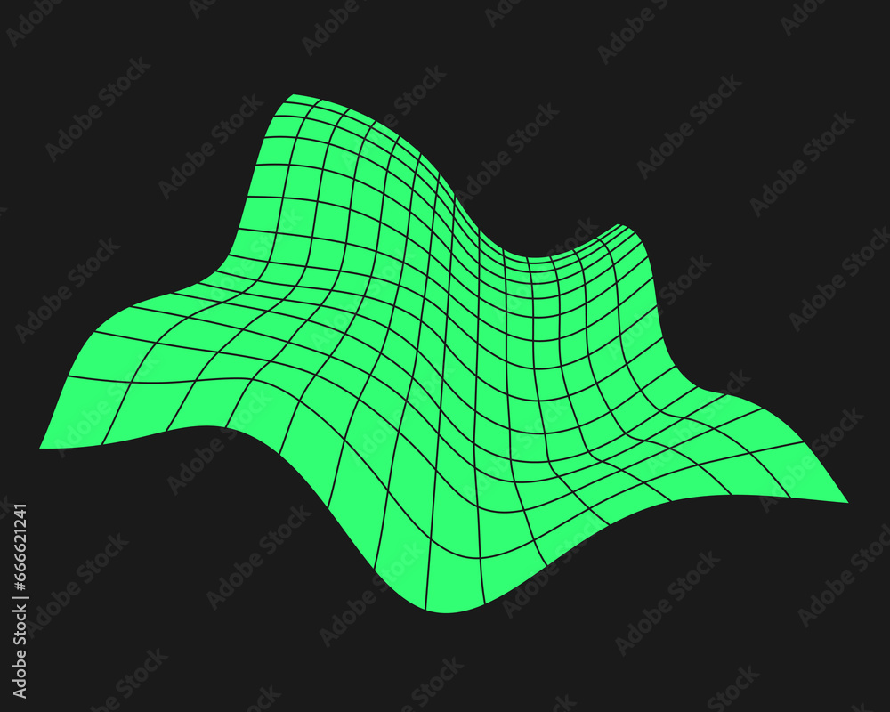 Aufkleber distorted cyber grid. cyberpunk geometry element y2k style. isolated green mesh on black background.